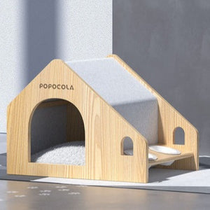 POPOCOLA Pine Wood Wooden Pet House with Bowls
