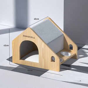 POPOCOLA Pine Wood Wooden Pet House with Bowls