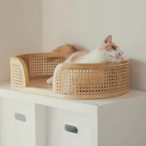 CatsCity Wooden Rattan Cat Bed With Pads