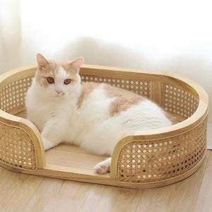 CatsCity Wooden Rattan Cat Bed With Pads