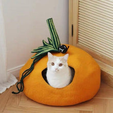 將圖片載入圖庫檢視器 CatsCity Hand Crafted Halloween Theme Pumpkin Shaped Cat bed with Wool Lining
